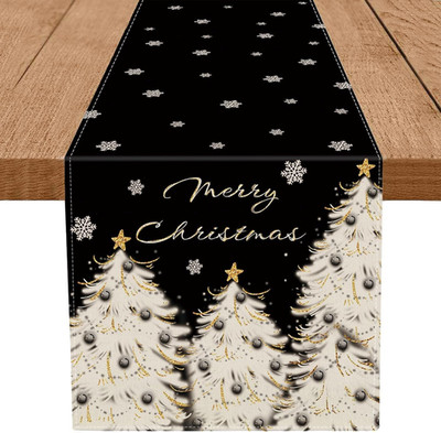 Christmas Table Runner Xmas Golden Tree Star Snowflake Black Merry Christmas 13