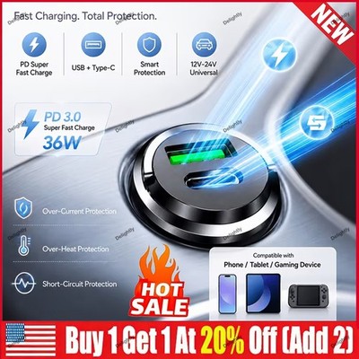 New Mini Dual USB PD Type-C Car Charger 100W 200W Fast Charge Adapter Accessory-