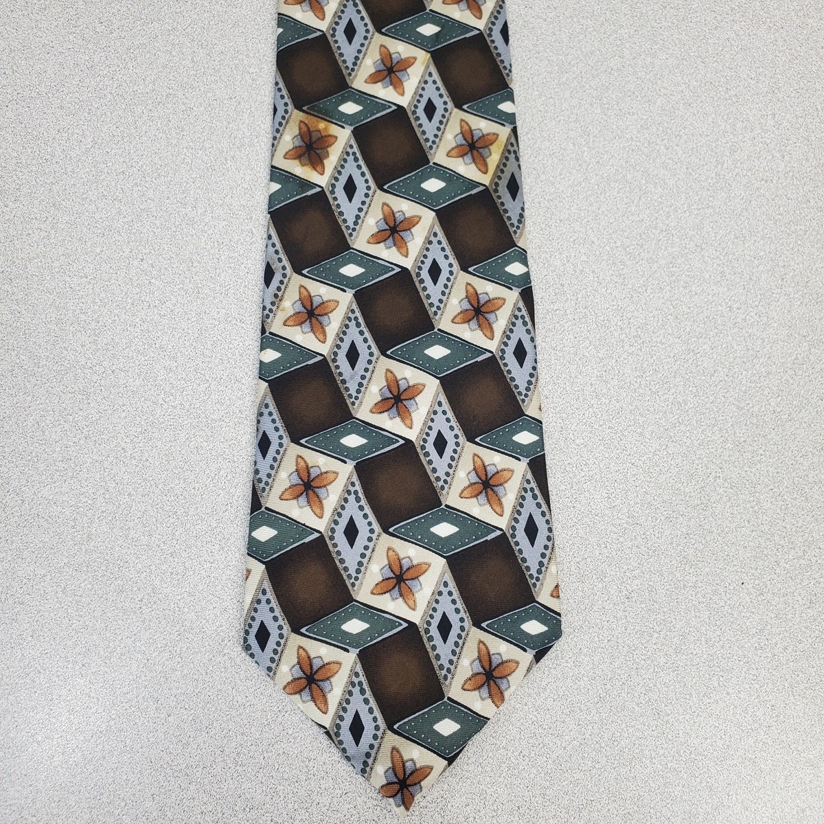 JT Beckett X-Long 64" Silk Tie Brown Gray Black Orange Cream Geometric Squares