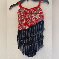 Glamour solo red black flapper fringe embellish Dance Costume Leotard MC child