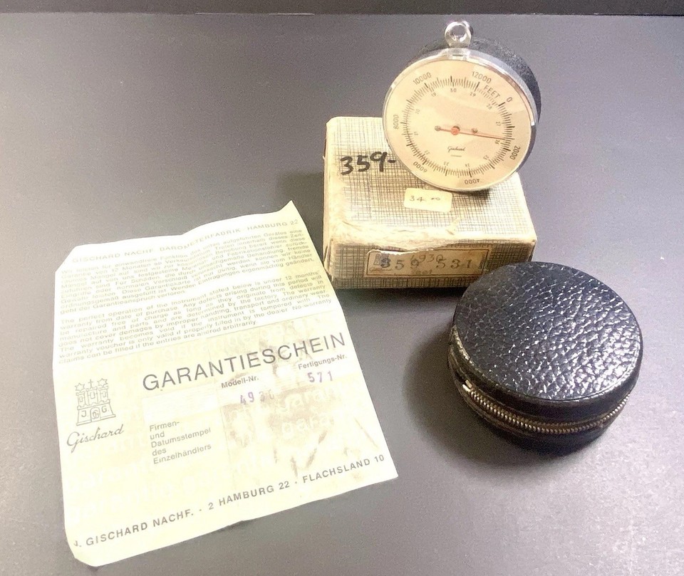 A German-made Gischard pocket altimeter with original box and papers — a beautifully precise analog instrument that reads altitude via barometric pressure, all in your pocket.