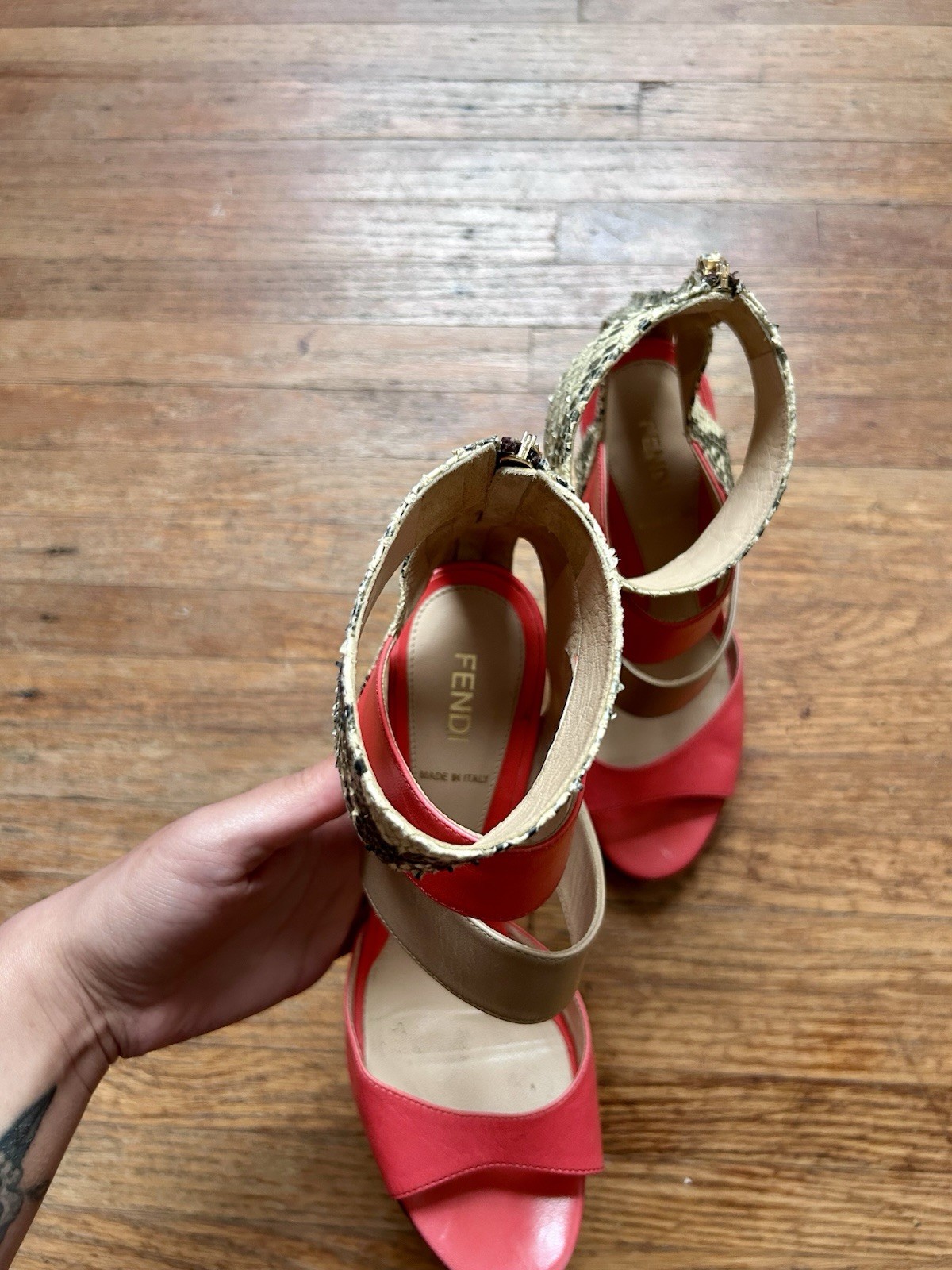 Fendi Tricolor Leather Python Gladiator Open Toe … - image 4