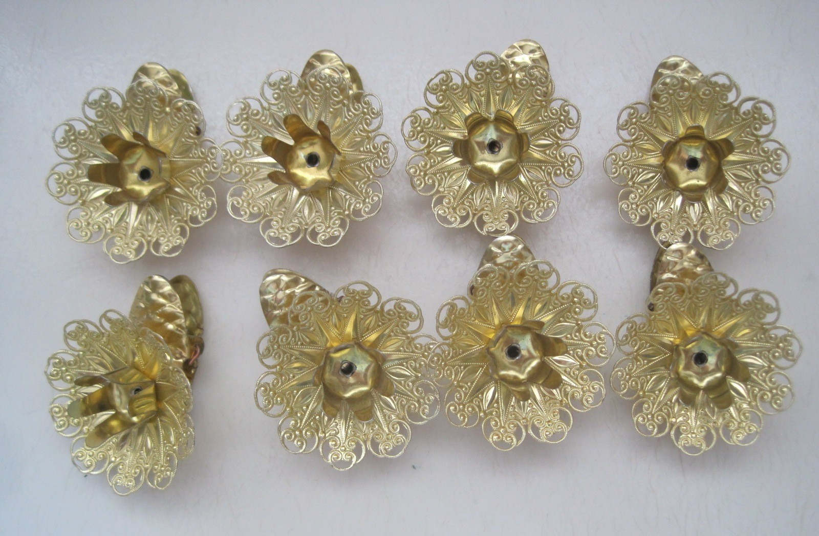 Lot of 8 Christmas Tree Candle Holder Clips Gold Tone Filigree Metal Ornaments