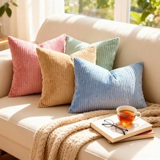 Set of 4 Throw Pillow Covers 16x16 Inch, Soft Corduroy Boho Striped Cushion C...