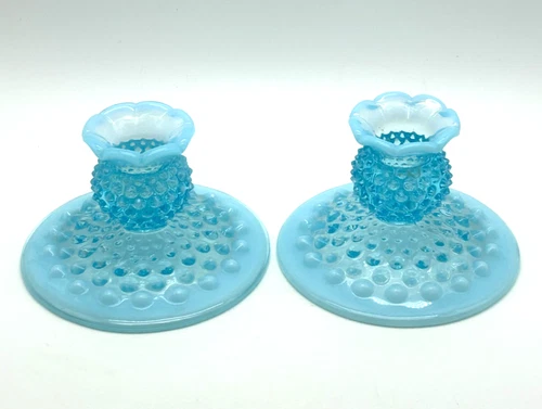 Vintage Pair of Fenton Blue Opalescent Hobnail Glass Candlestick Holders ~ 3"