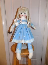 Rag doll handmade from a Simplicity 2018 26 inches in height in pale blue dress