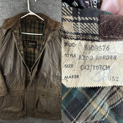 VTG Barbour A200 Border Waxed Jacket Men Full Zip Size 42 Green England 2-crest