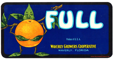 Vintage Crate Label FULL Oranges Waverly Growers Cooperative 4 1/2'' x 9 1/8''