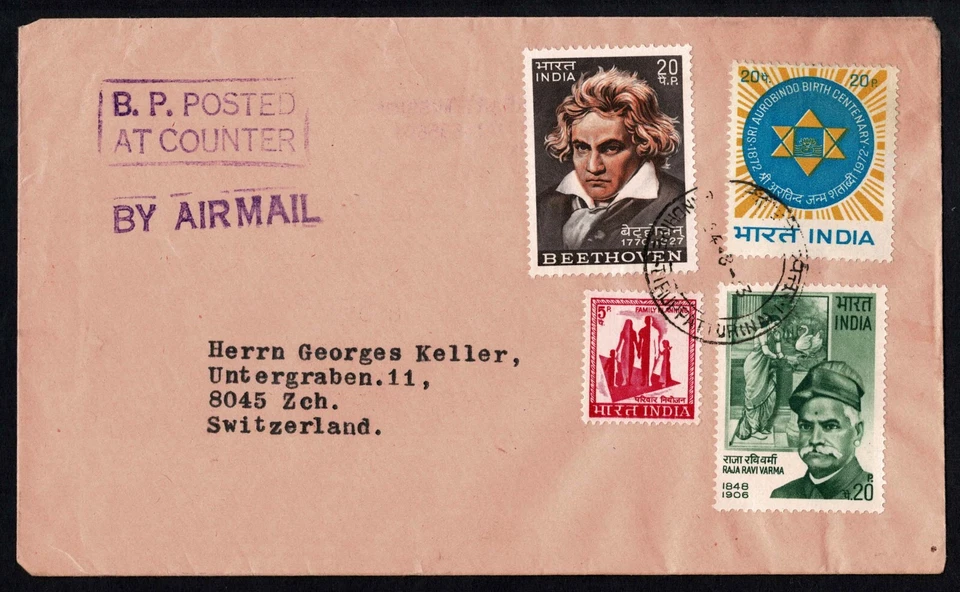 India Airmail 1970s, Sacred Heart Mission Tirupattur, Beethoven, to Switzerland - Image 2 of 3