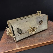 Vintage Tissue Box Cover Decor Gold Metal Ornate Mesh Roses PRIORITY MAIL
