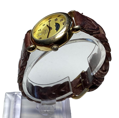 Vintage Kathy Ireland ladies moon phase brown leather watch NEW BATTERY Kathy Ireland Watch Moon Phase Date Equestrian Braided  main image 2