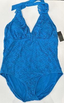 Kenneth Cole Plus Size Underwire Halter One Piece Swim Bathing Suit Blue 2X