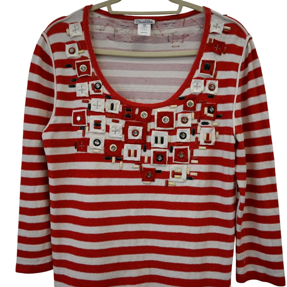 Suéter Oscar de la Renta Grande Rojo Marfil Rayas Adornado Resort '08 Foto 2 de 4