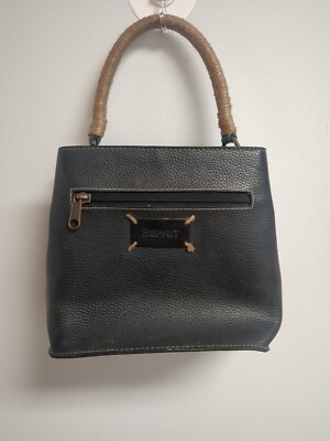Vintage ESPRIT Black Handbag Purse Brown Corded Handle Faux Leather Bag