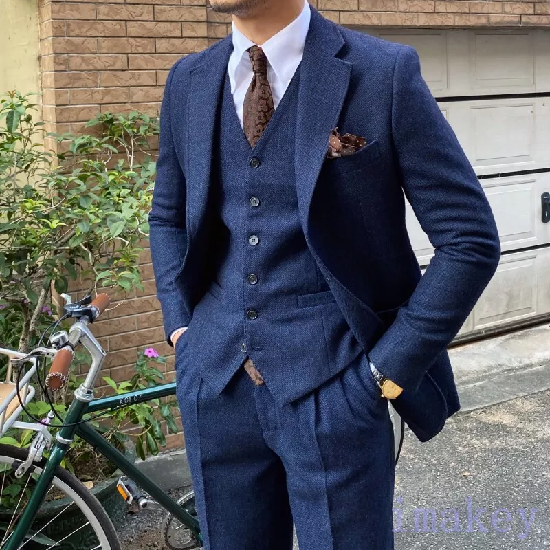 Vintage Men Wool Tweed Suit 3 Piece Tailored Business Slim Fit Herringbone Suits