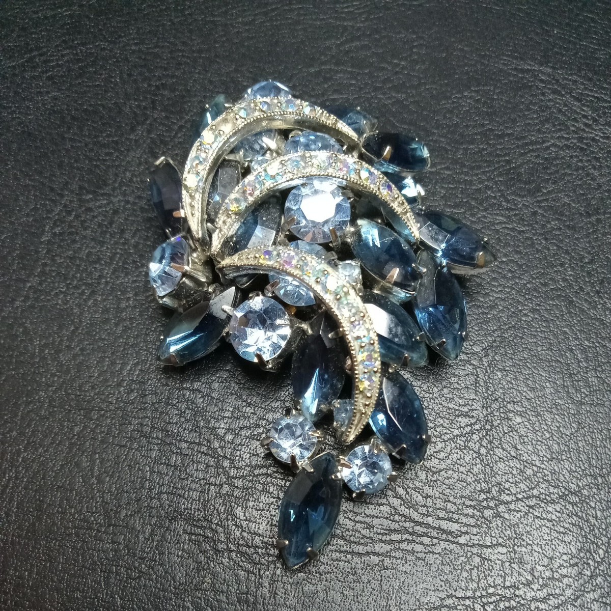 Vintage Crescent Moon Design Blue Rhinestone & AB Crystal Pin