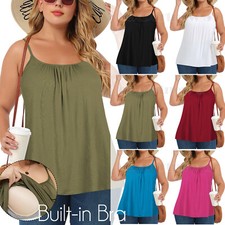 Women Camisole Built-in Bra Flowy Tank Top Loose Fit Pleated Vest with Shelf Bra
