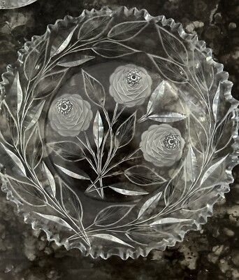 Irving Early Am Brilliant Cut Glass White Rose Nappy Dish + Creamer & Sugar