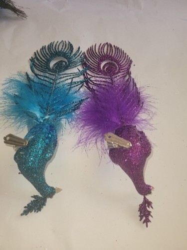7 Clip On Birds Ornaments Purple Blue Sequins Beaded Glitter Butterfly Peacocks - Picture 16 of 24
