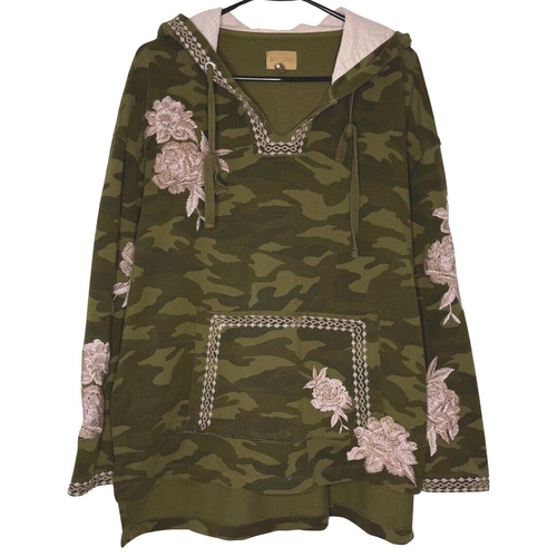 Driftwood Women Hoodie Small Green Camo Floral Embroidered Teddy Pullover V-Neck