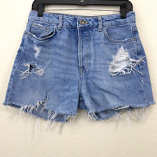 Zara Shorts Womens Size 6 Button Fly Distressed Cut Off Blue Frayed