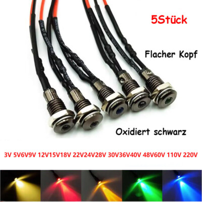 6mm Flachkopf LED Metallanzeige Signallampe 3V - 220V oxidiert schwarz mit Draht