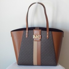 MICHAEL KORS KARLIE Monogram Center Stripes Studs Brown Multi Large Tote Bag NWT