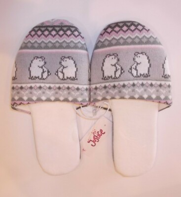 Justice Girls Youth Size 8-9 Grey And White Polar Bears Slide Slip On Slippers