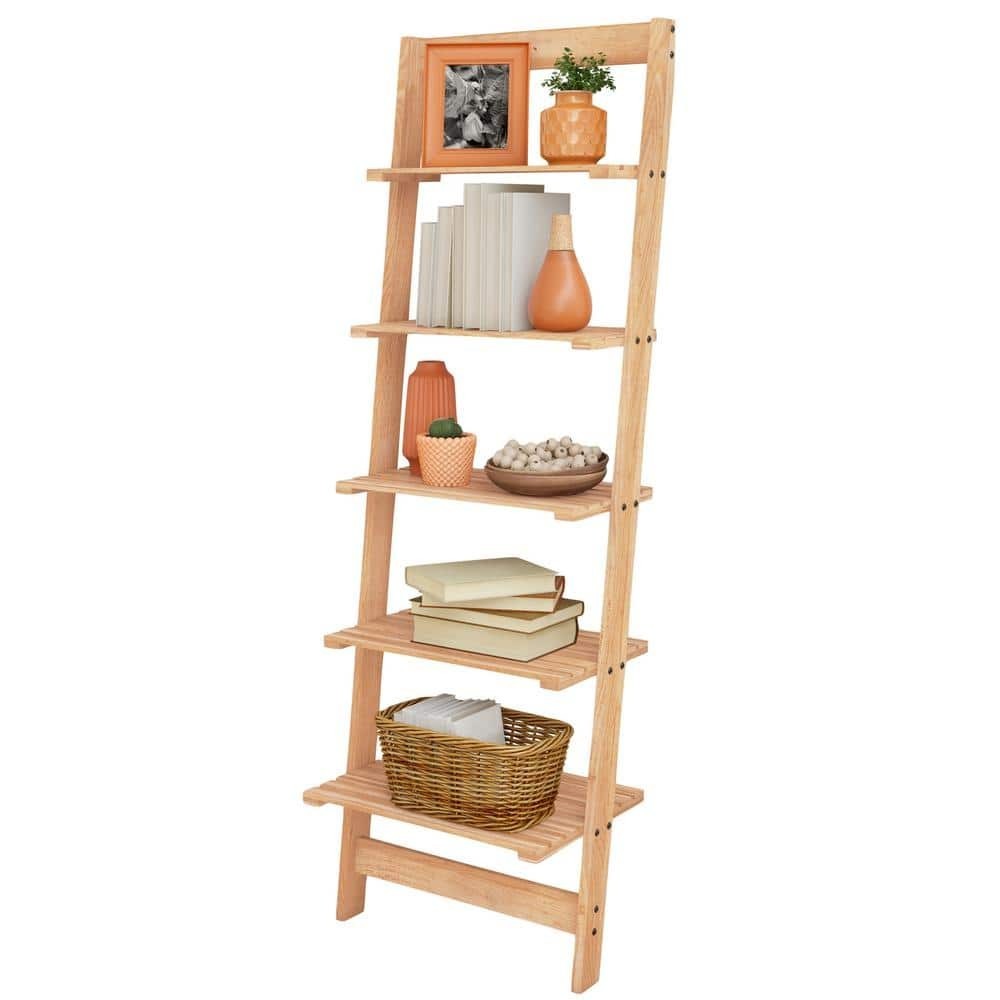 Lavish 5-Shelf Ladder Bookcase in Natural Unfinished Wood for Open Storage