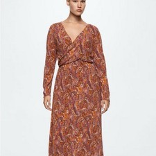 Mango MNG Midi Wrap Style Dress Plunge Neck Women’s Medium Paisley Boho