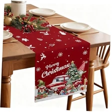 Christmas Table Runner, 13 x 70 Inch Christmas Trucks Dwarf Pine Tree Table 