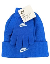 Nike Beanie  Gloves Set Kids Boys Unisex Girls Logo Blue White Knit
