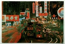 Vintage Hong Kong Hennessy Road Night View Photochrome Postcard 1984