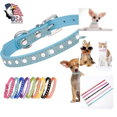 Serijoars Bling Crystal Puppy Dog Collar, Light Blue, S