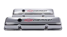Proform SBC Chrome Short Valve Cover with Baffle and Chevy Bowtie Logo Pair