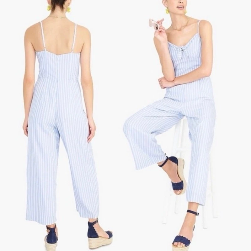 Mono J.Crew Mujer Azul Rayas Cami Sin Mangas Corbata Frontal Pierna Ancha Talla 12 Foto 2 de 4