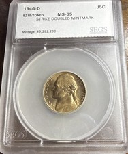 1946 D Jefferson Nickel Mint state - 65 *Strike Double Mintmark* -Toned