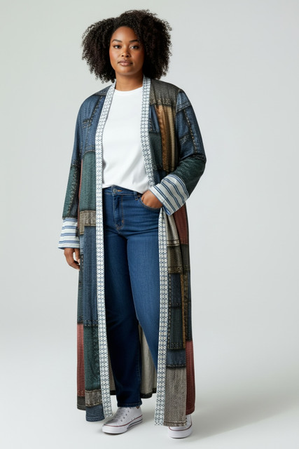 Chic Me Patchwork Pattern Long Open Front Duster-… - image 1