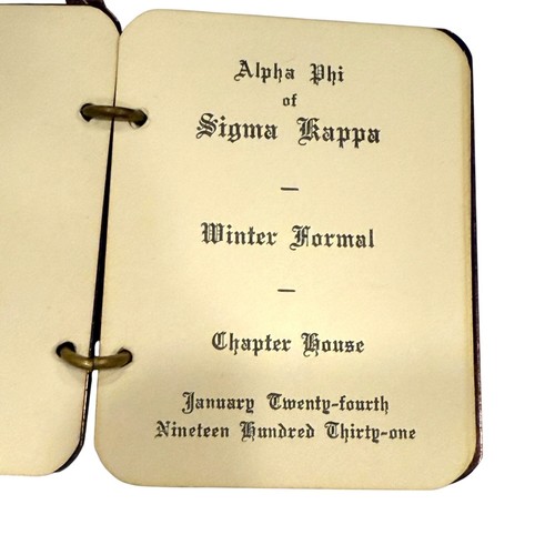 Carta danza formale invernale vintage Sigma Kappa Alpha Phi 1931 viola celluloide - Foto 5 di 10