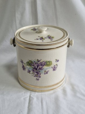Hübsches Vintage Devon Ware Keksfass mit Deckel & Griff, lila Blumen Design