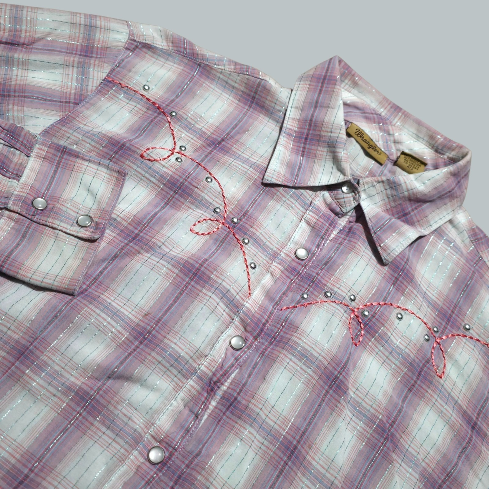 Wrangler Western Cowgirl Pearl Snap Pink Purple Plaid Shirt Blouse Size Large