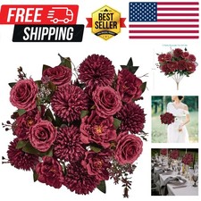 Burgundy Silk Flowers Bouquet, Artificial Floral Arrangements, Fake Flower fo...