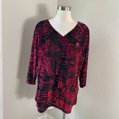 db established 1962 Womens Plus 2X Red Black Velvet Burnout Tiered Tunic Top