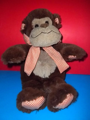 Animal Adventure Brown Monkey Plush Orange Gingham Bow 12''  Stuffed Animal GUC