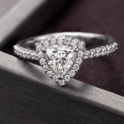 1.12 TCW Trillion Cut Moissanite Halo Engagement Ring In 14k White Gold Plated