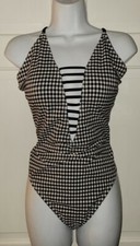 Black White Gingham Check One Piece adjustable strap Swimsuit L 12 14
