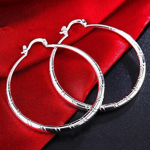 Damen Mädchen Ohrringe Silber Creolen Tropfen groß versilbert strukturiert Kreis Geschenk - Bild 4 von 5