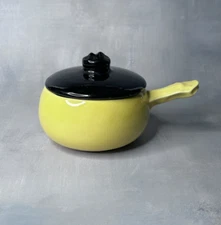 McCoy Pottery USA Yellow Individual Soup Server Bowl w/ Handle & Black Lid