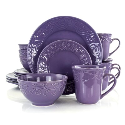 Elama Lilac Fields Lavender 16-Piece Round Stoneware Dinnerware