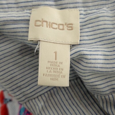 Chicos Womens sz 1 US 8 Top Blue Striped Embroidered Tassels 3/4